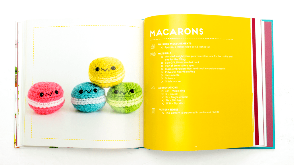 Picture of the crochet macarons pattern inside the Whimsical Stitches book
